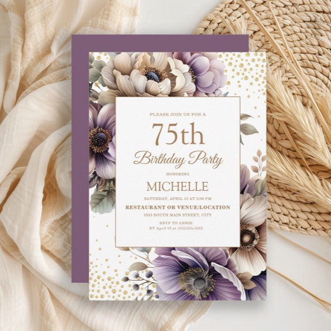 Invitation Purple ivoire Floral Gold Parties scintillant 75e  (Elegant purple and ivory watercolor floral women's 75th birthday party invitation)