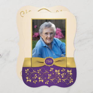 Invitation Purple, ivoire, Gold 75th Photo Birthday Invitatio