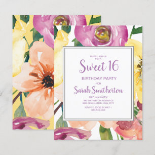 Invitation Purple Jaune Rose Floral Sweet 16 Anniversaire