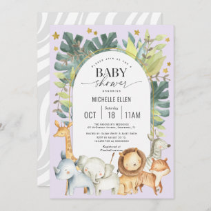 Invitation Purple jungle animaux mignon bébé fille douche