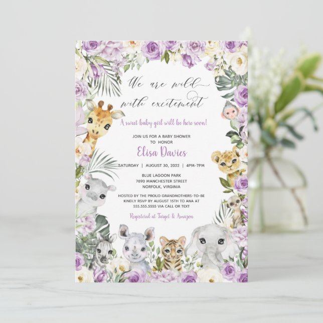 Invitation Purple Jungle Floral Animaux sauvages Fille Baby s (Debout devant)
