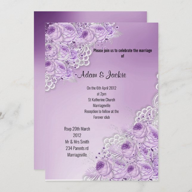 Invitation PURPLE LACE Florale ÉLÉGANT MARIAGE MODERNE (Devant / Derrière)