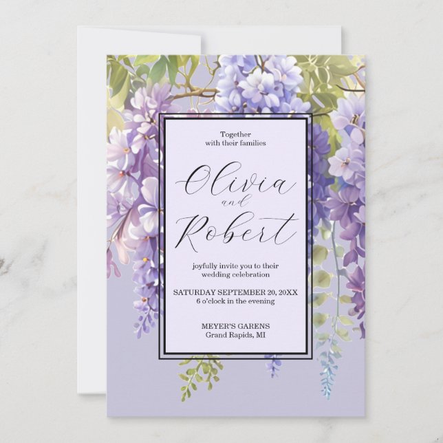 Invitation Purple lavande aquarelle fleurie glycine mariage (Devant)