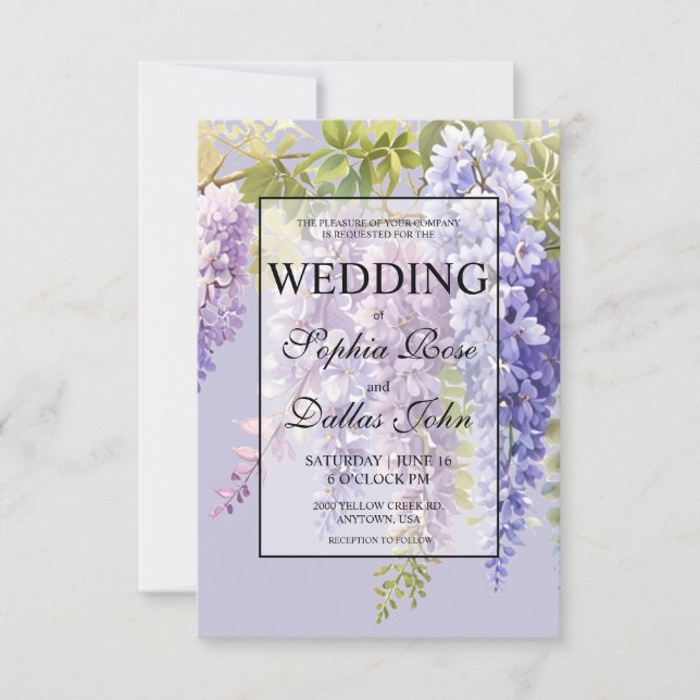 Invitation Purple lavande aquarelle fleurie glycine mariage (Devant)