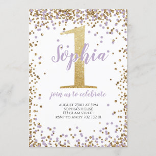 Invitation Purple Lavande Confetti fille premier anniversaire