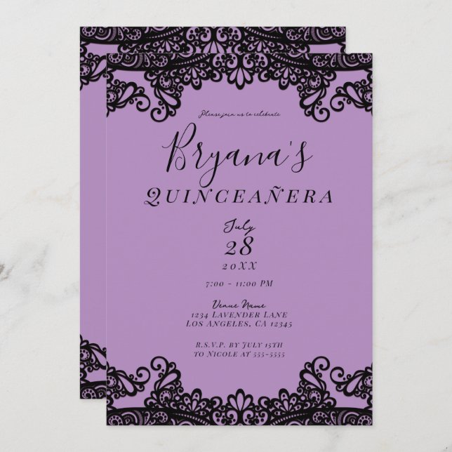 Invitation Purple Lavande et Black 15ème Quinceañera Party (Devant / Derrière)