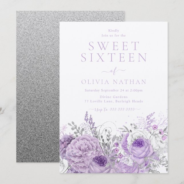 Invitation Purple Lavande Shimmer Floral Sweet 16 Partie (Devant / Derrière)