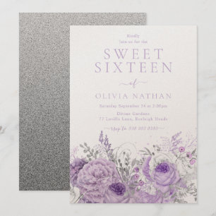 Invitation Purple Lavande Shimmer Floral Sweet 16 Partie