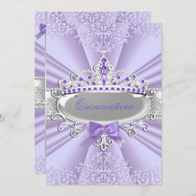 Invitation Purple Lavande Tiara Damask Quinceanera Party (Devant / Derrière)