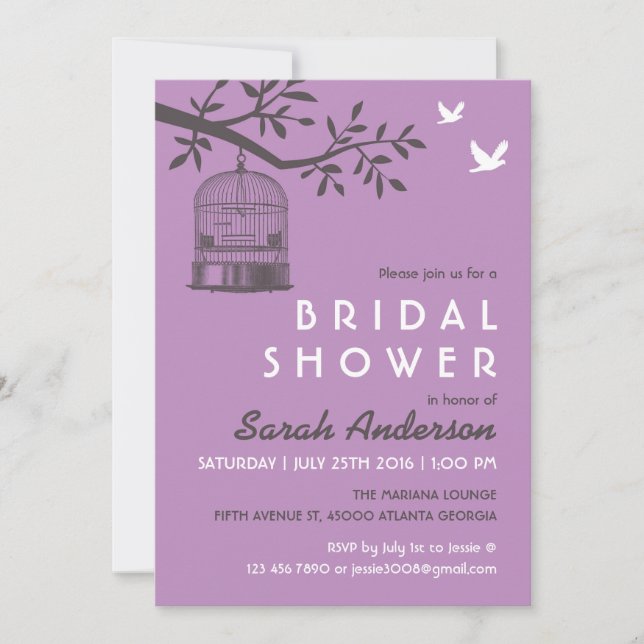 Invitation Purple Lavender Bird Cage Rustique Douche Invitati (Devant)