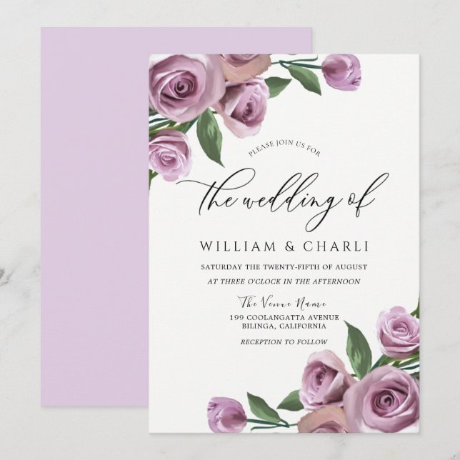 Invitation Purple Lavender Elegant Rose Mariage (Devant / Derrière)