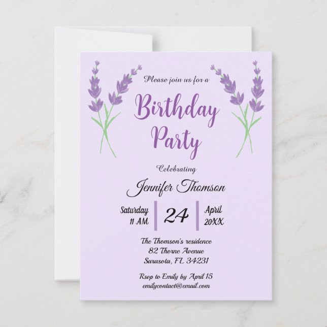 Invitation Purple Lavender fête d'anniversaire (Devant)