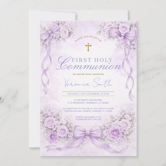 Invitation Purple Lavender Floral Bow First Holy Communion (Devant)