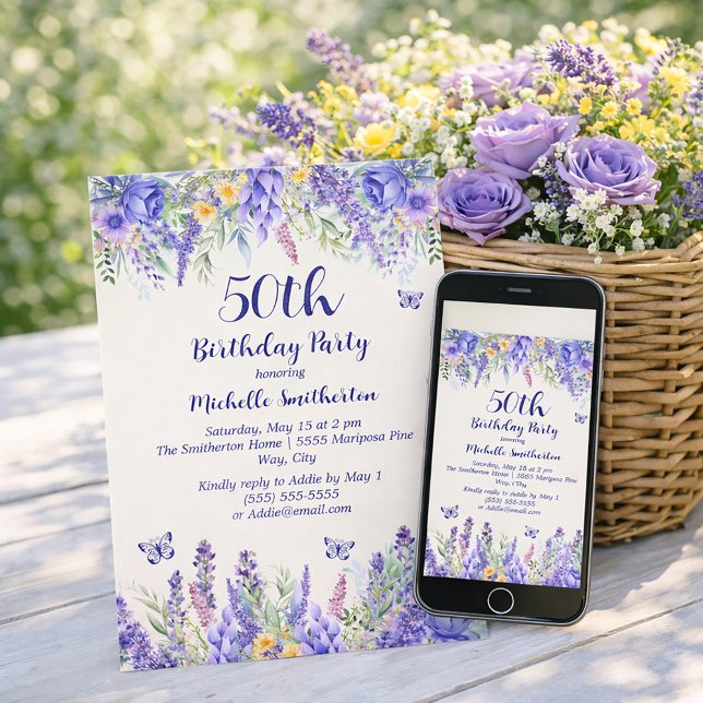Invitation Purple Lavender Floral Garden Party 50th Birthday (Celebrate 50 years with a garden party!)