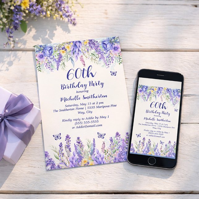 Invitation Purple Lavender Floral Garden Party 60th Birthday (60 years!  Celebrate!)