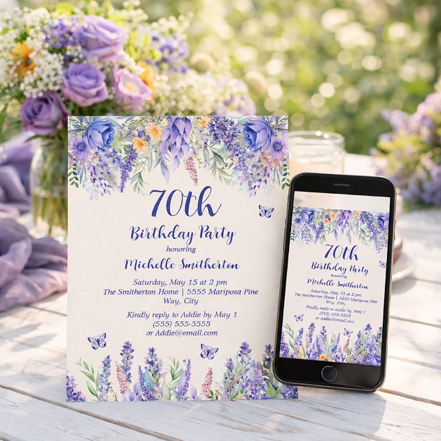 Invitation Purple Lavender Floral Garden Party 70th Birthday (Celebrating 70 wonderful years!)