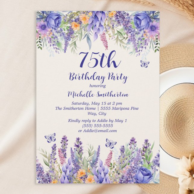 Invitation Purple Lavender Floral Garden Party 75th Birthday (Cheers to 75 years!)