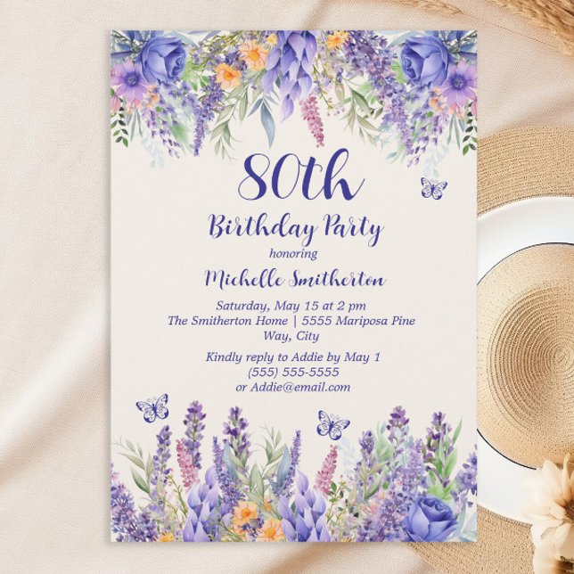 Invitation Purple Lavender Floral Garden Party 80th Birthday (Celebrating a special woman)