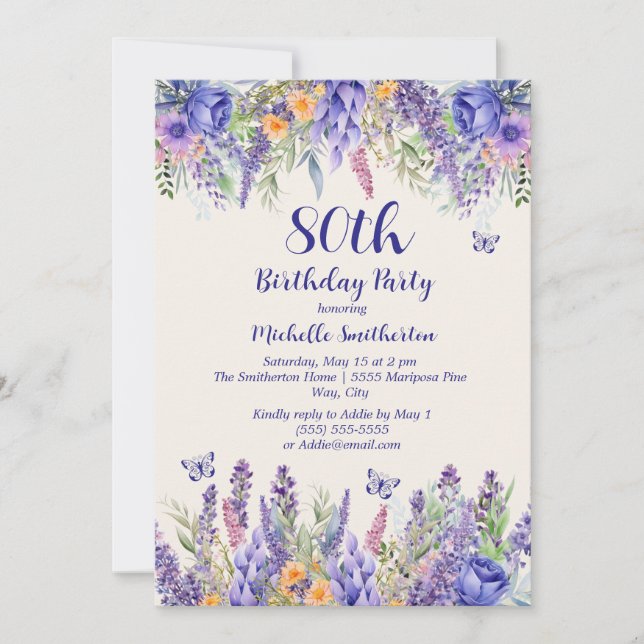 Invitation Purple Lavender Floral Garden Party 80th Birthday (Devant)