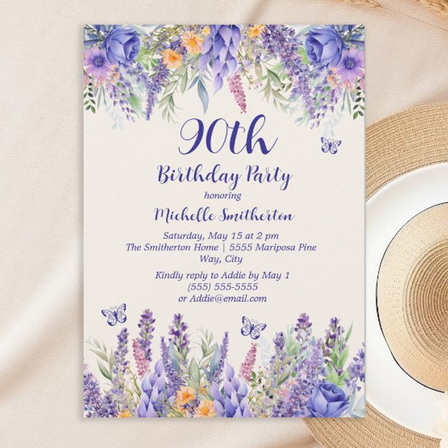 Invitation Purple Lavender Floral Garden Party 90th Birthday (Celebrating 90 years)