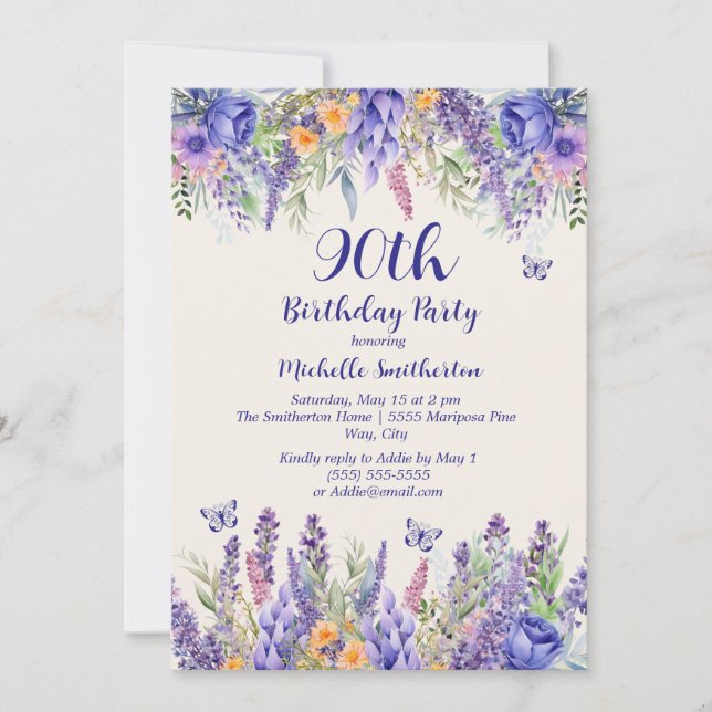 Invitation Purple Lavender Floral Garden Party 90th Birthday (Devant)