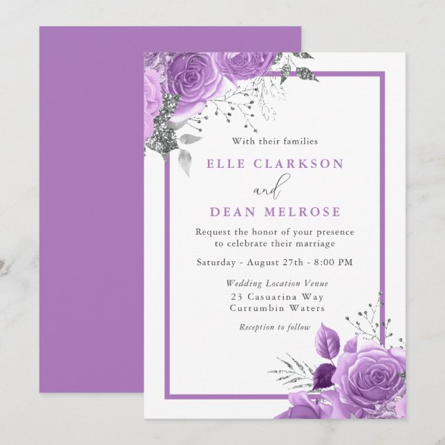 Invitation Purple Lavender Floral Mariage élégant (Devant / Derrière)