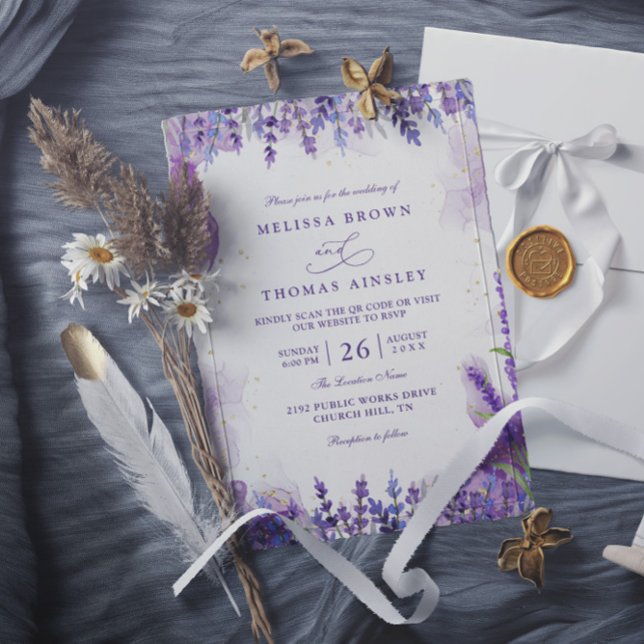 Invitation Purple Lavender Floral Modern QR Code Wedding (Créateur téléchargé)