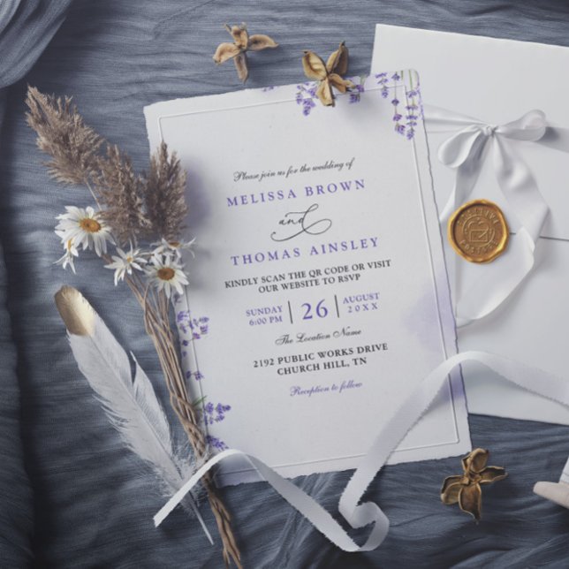 Invitation Purple Lavender Floral Rustic QR Code Wedding (Créateur téléchargé)