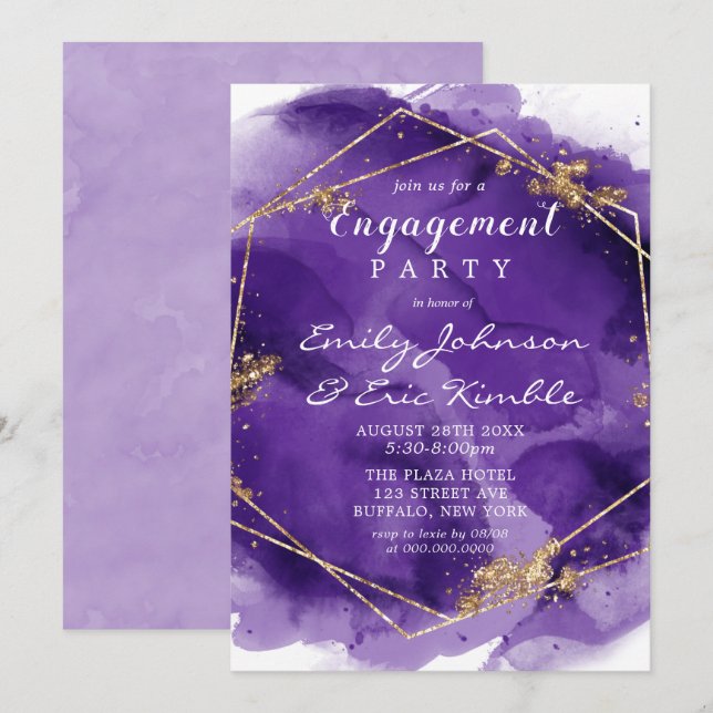 Invitation Purple Lavender Gold Paint Engagement Party Invita (Devant / Derrière)