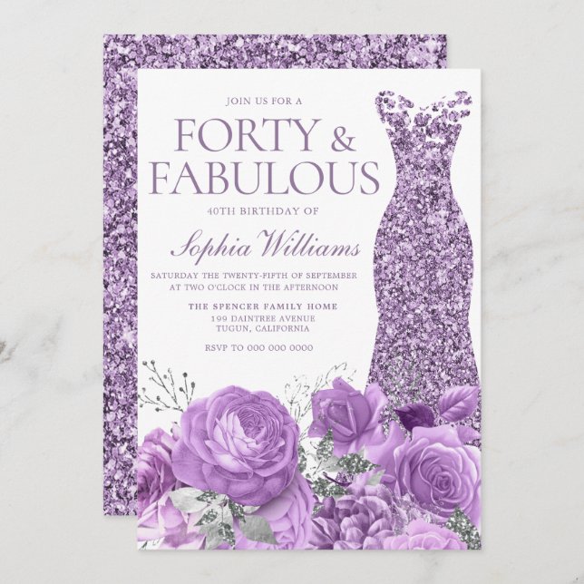 Invitation Purple Lavender Gown Floral 40e fête d'anniversair (Devant / Derrière)