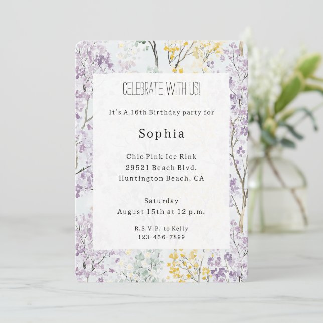 Invitation Purple Lavender Green Yellow Floral Birthday (Debout devant)