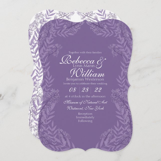 Invitation Purple Lavender Mariage Vintage Botanique (Devant / Derrière)