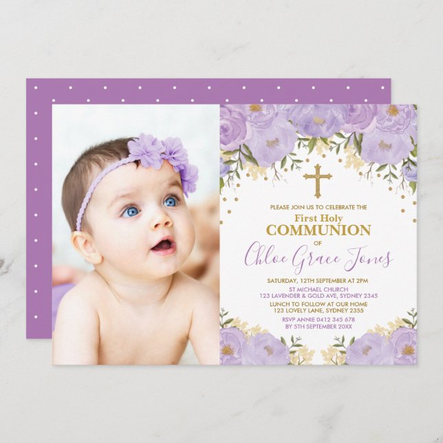 Invitation Purple Lavender Or Floral Première Communion Saint (Devant / Derrière)