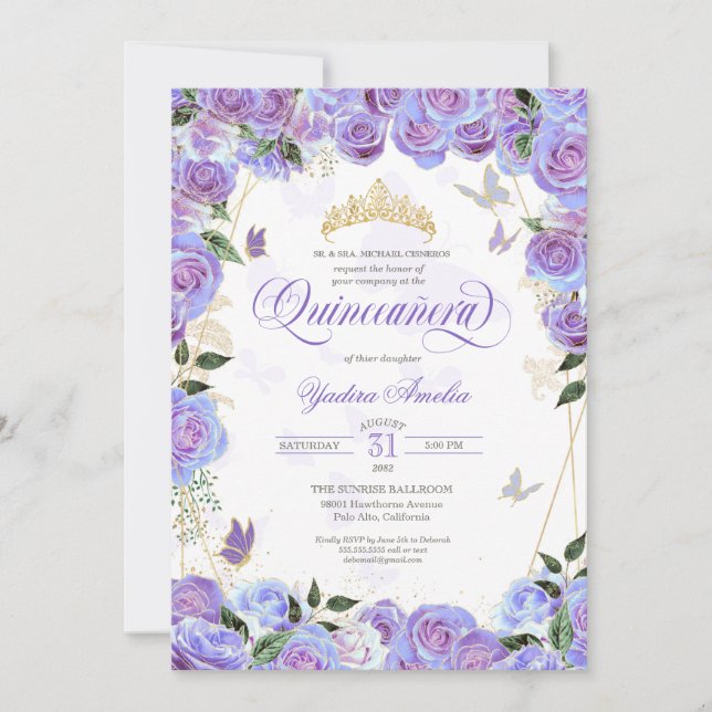 Invitation Purple Lavender Rose Élégant Papillon Quinceanera (Devant)