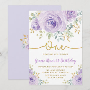 Invitation Purple Lavender Rose Fille 1er anniversaire fête