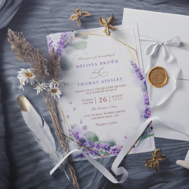 Invitation Purple Lavender Rustic Floral QR Code Wedding (Créateur téléchargé)