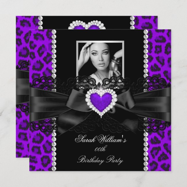 Invitation Purple Leopard Dentelle coeur photo Anniversaire f (Devant / Derrière)