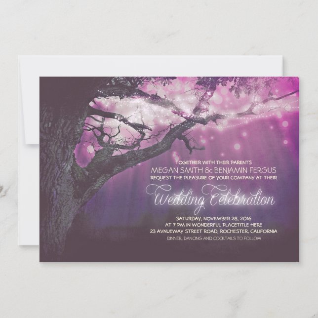 Invitation Purple Lights Tree Rustic Forest Wedding Invite (Devant)