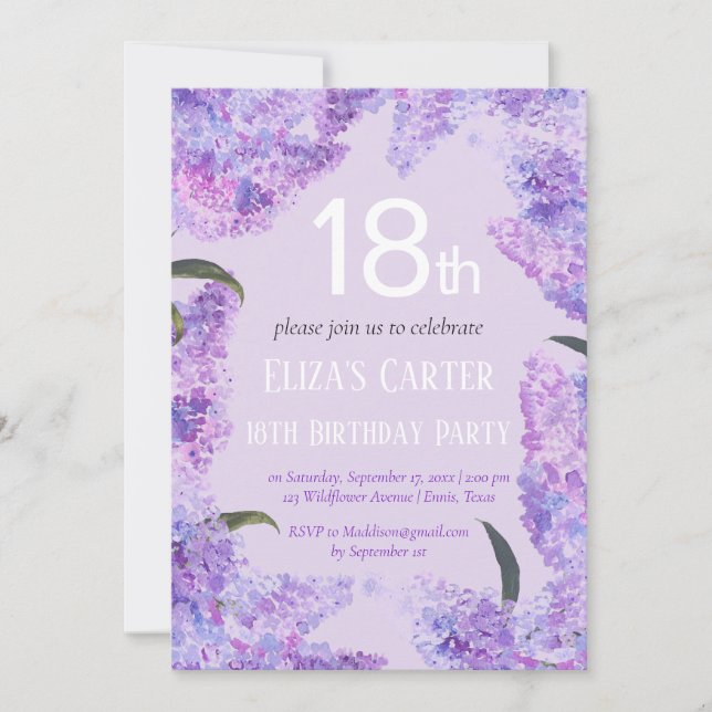 Invitation Purple Lilac 18ème Floral Elégant Anniversaire (Devant)