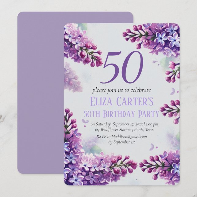 Invitation Purple Lilac 50ème Floral Elégant Anniversaire (Devant / Derrière)