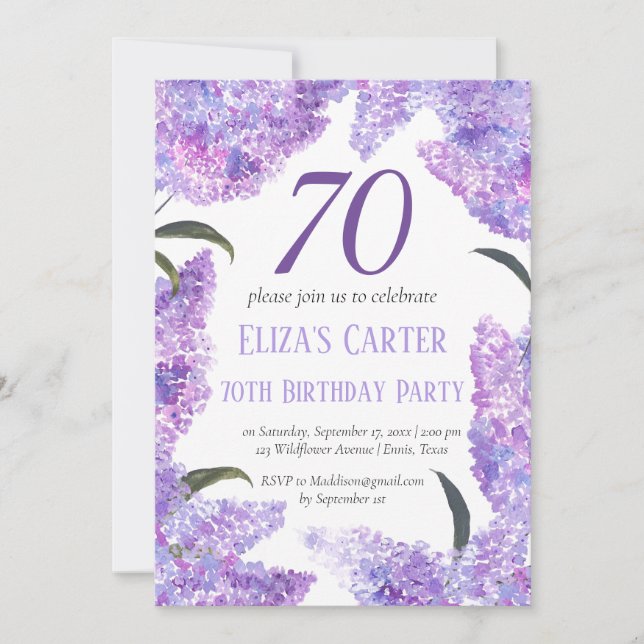 Invitation Purple Lilac 70ème Floral Elégant Anniversaire (Devant)