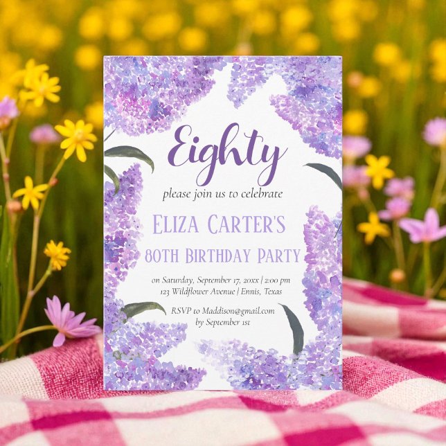 Invitation Purple Lilac 80e Huitième anniversaire floral élég (Créateur téléchargé)