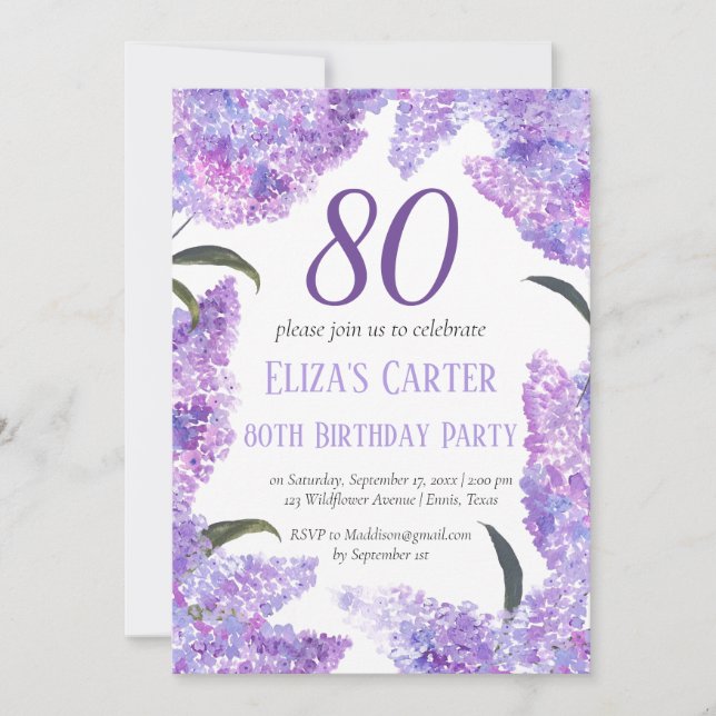 Invitation Purple Lilac 80ème Floral Elégant Anniversaire (Devant)