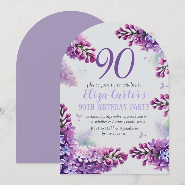 Invitation Purple Lilac 90ème Floral Elégant Anniversaire (Devant / Derrière)