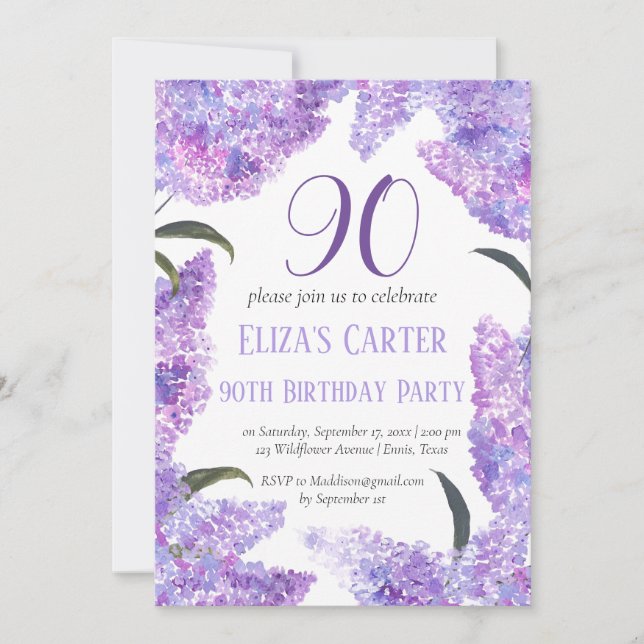 Invitation Purple Lilac 90ème Floral Elégant Anniversaire (Devant)