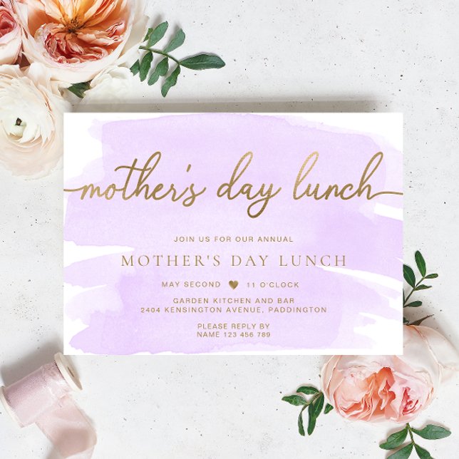 Invitation Purple Lilac Aquarelle Or Déjeuner de la fête des  (Mothers Day Lunch Purple Lilac Watercolour Gold )