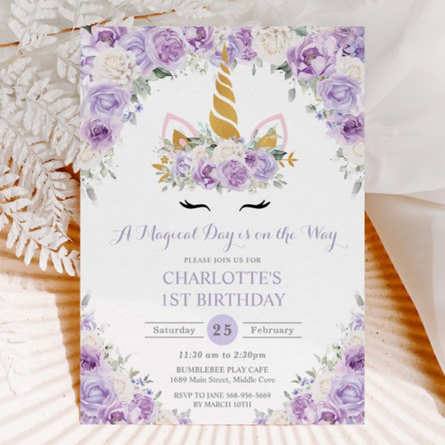 Invitation Purple Lilac Blanc Floral Unicorne 1er 2e Annivers (Créateur téléchargé)