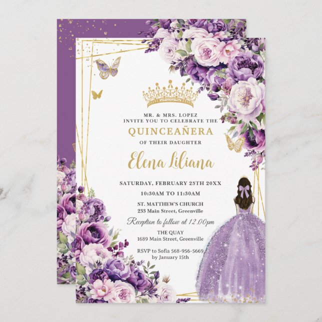 Invitation Purple Lilac Blush Floral Quinceanera 15 Sweet 16 (Devant / Derrière)