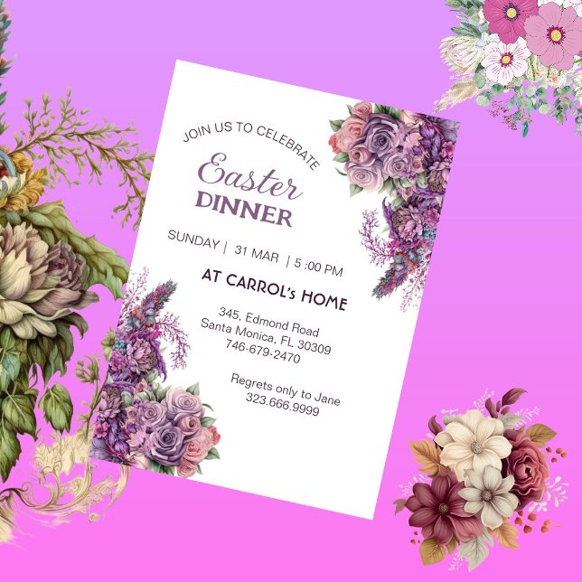 Invitation Purple Lilac Flora Russe Rose Dîner de Pâques (Purple Lilac Flora Rustic Rose Easter Dinner Party Invitation)