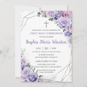 Invitation Purple Lilac Floral Argent Première Communion Sain